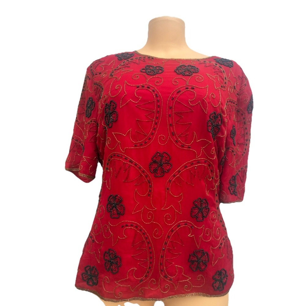 Vintage Stenay Silk Blouse Beaded Red Floral Lined Womens Small Formal Mob Wife